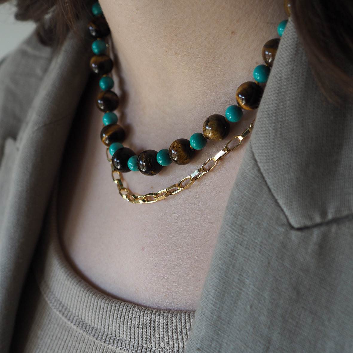 Collana Nodini occhio di tigre turchese