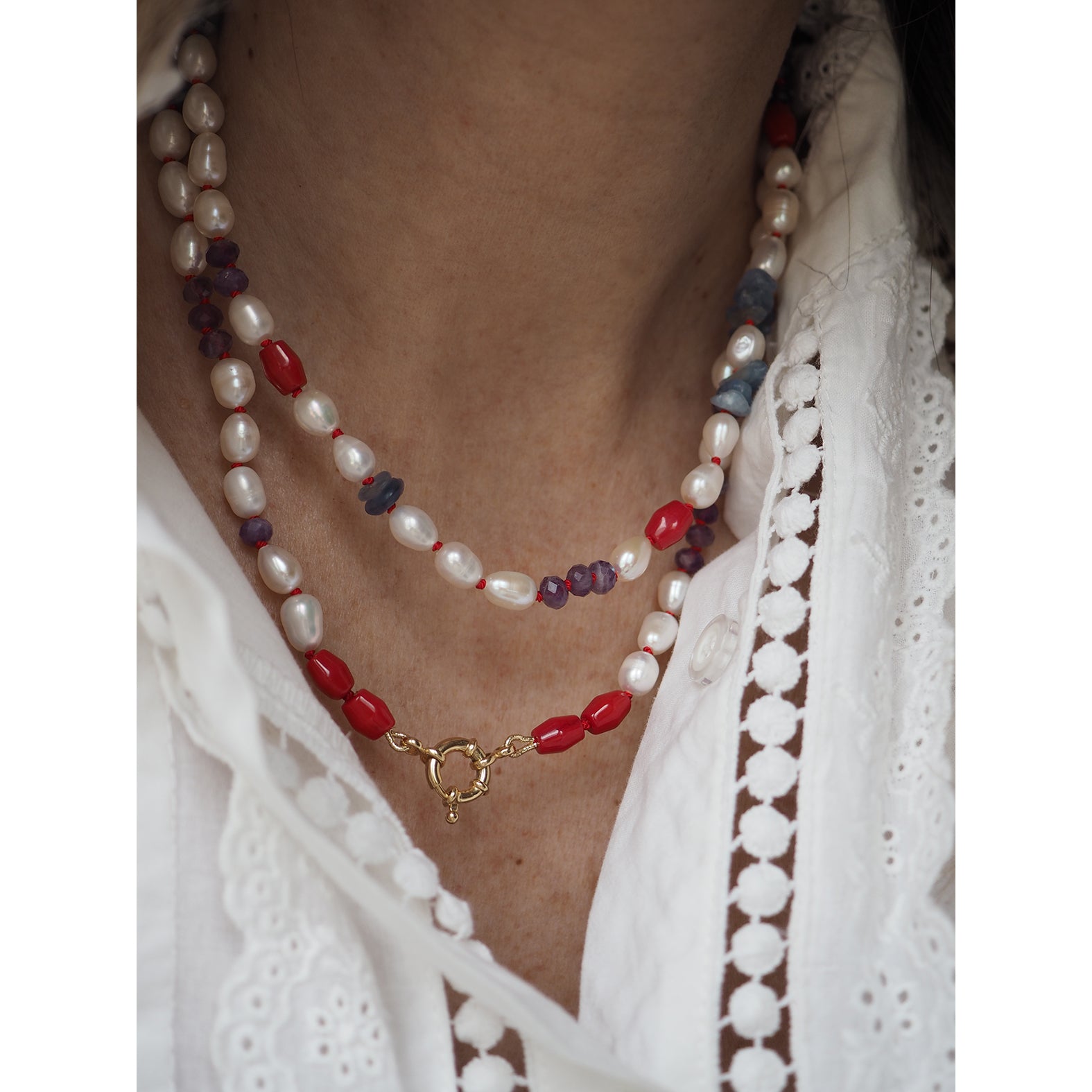 Collana Nodini Perle Corallo