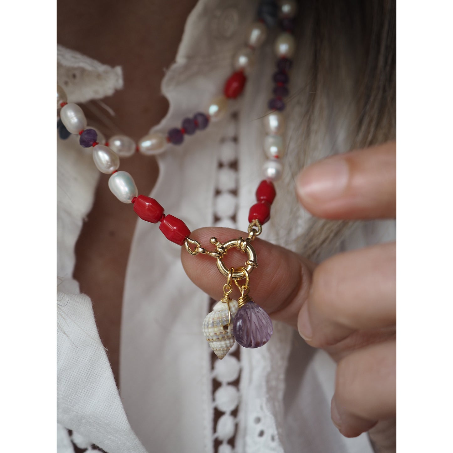 Collana Nodini Perle Corallo