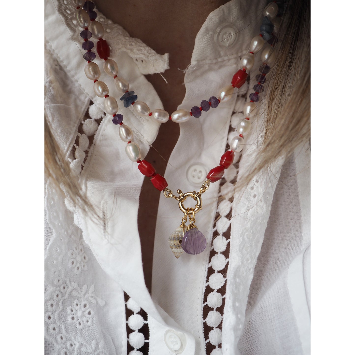 Collana Nodini Perle Corallo