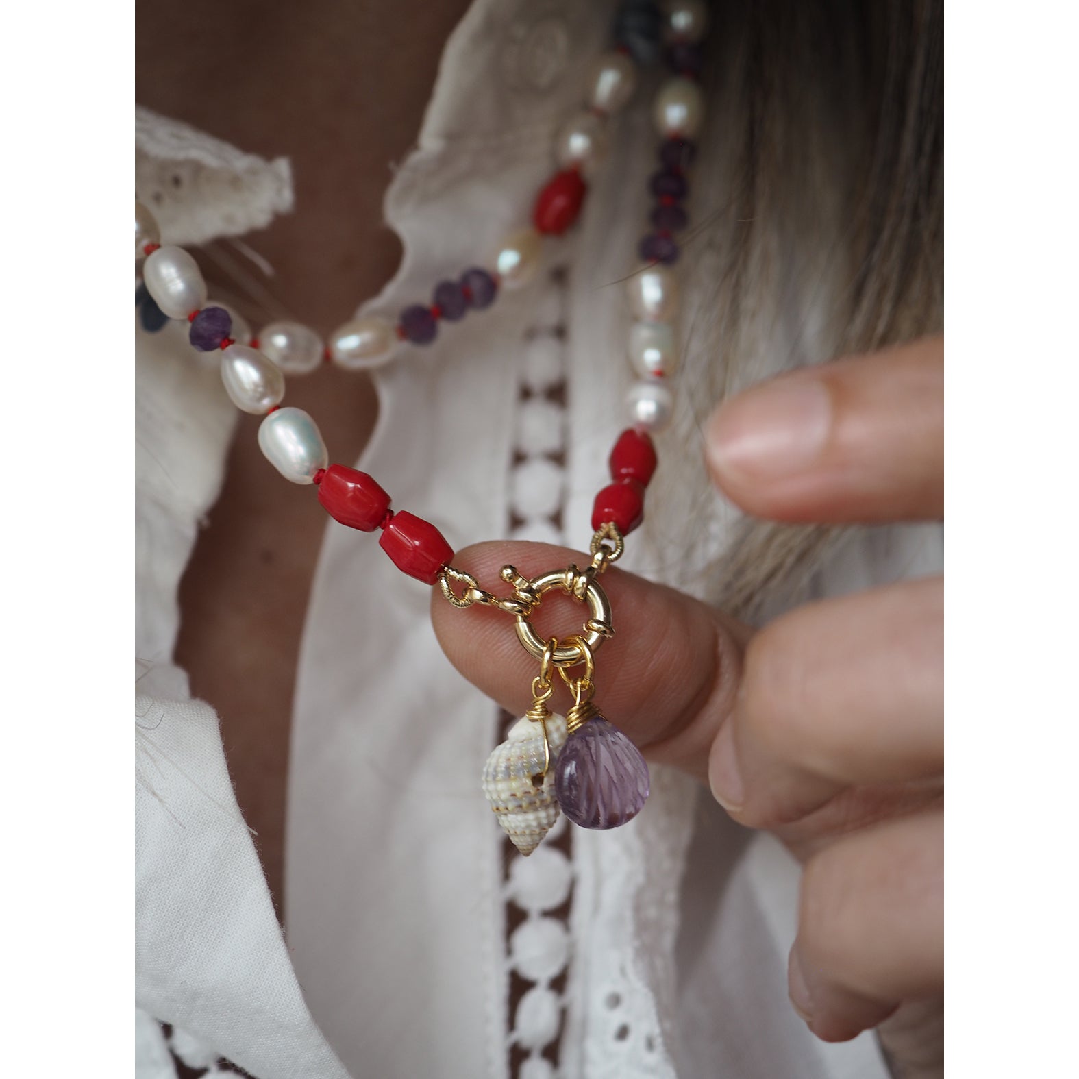 Collana Nodini Perle Corallo